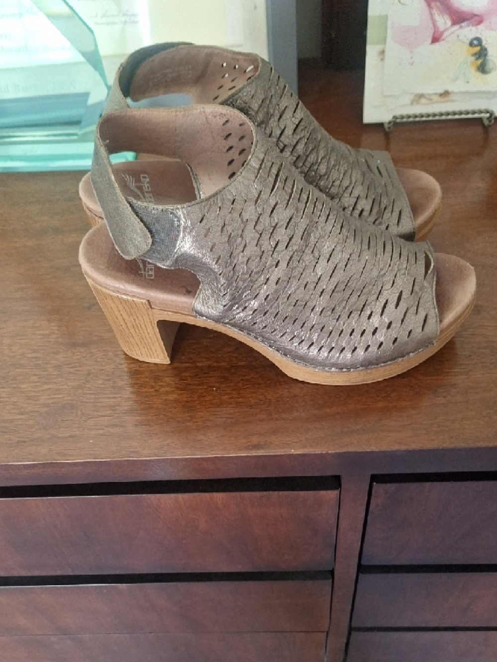 SALE  Dansko Metallic Bronze Woven Peep-Toe Sandals